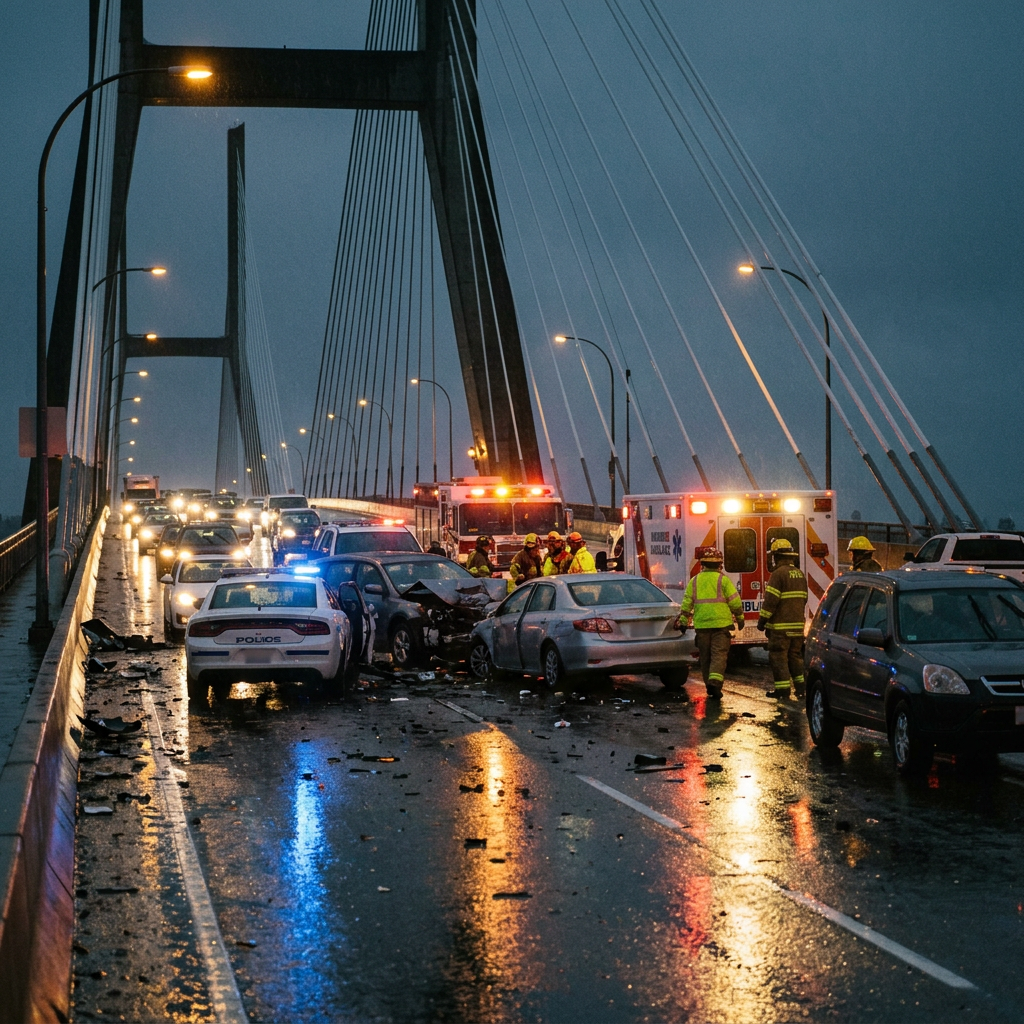 Police and emergency crews respond to a multi-vehicle crash on a wet suspension bridge