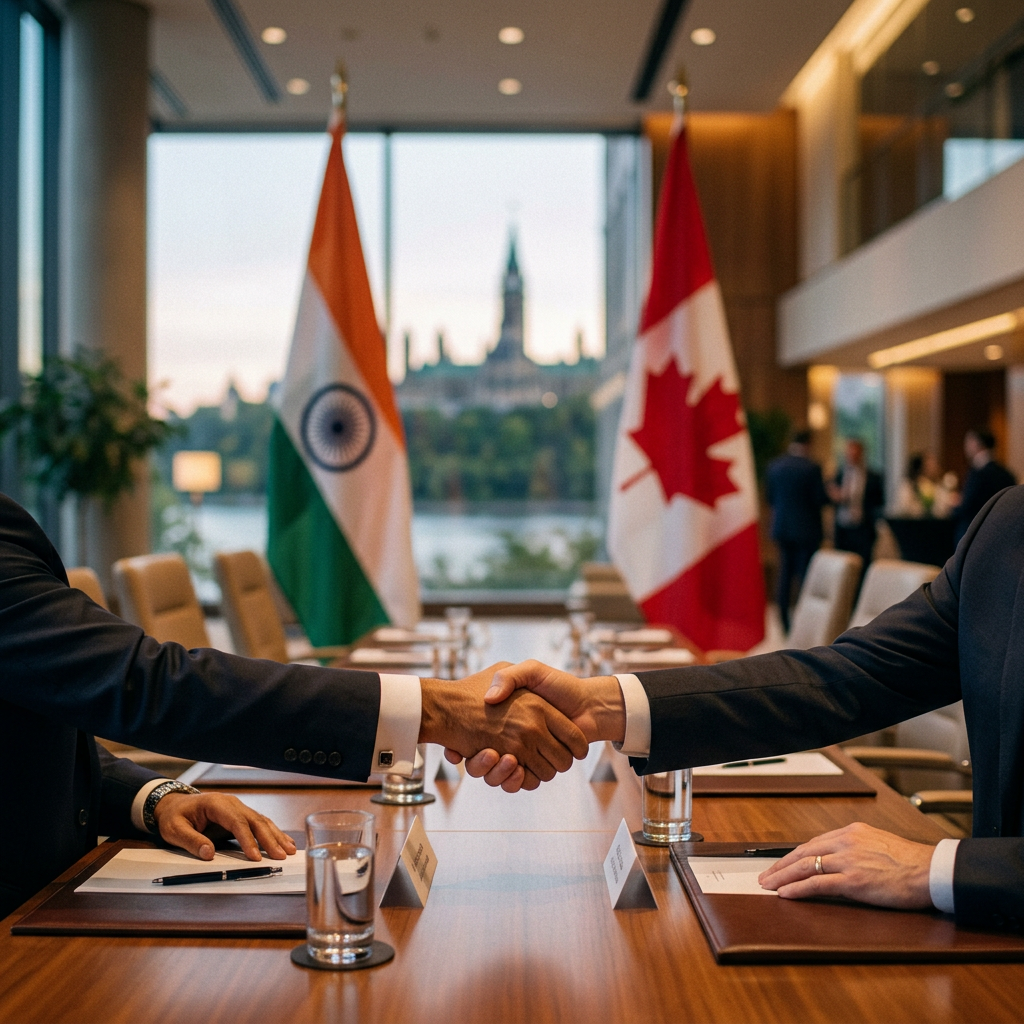 Representatives shake hands with Indian and Canadian flags behind them